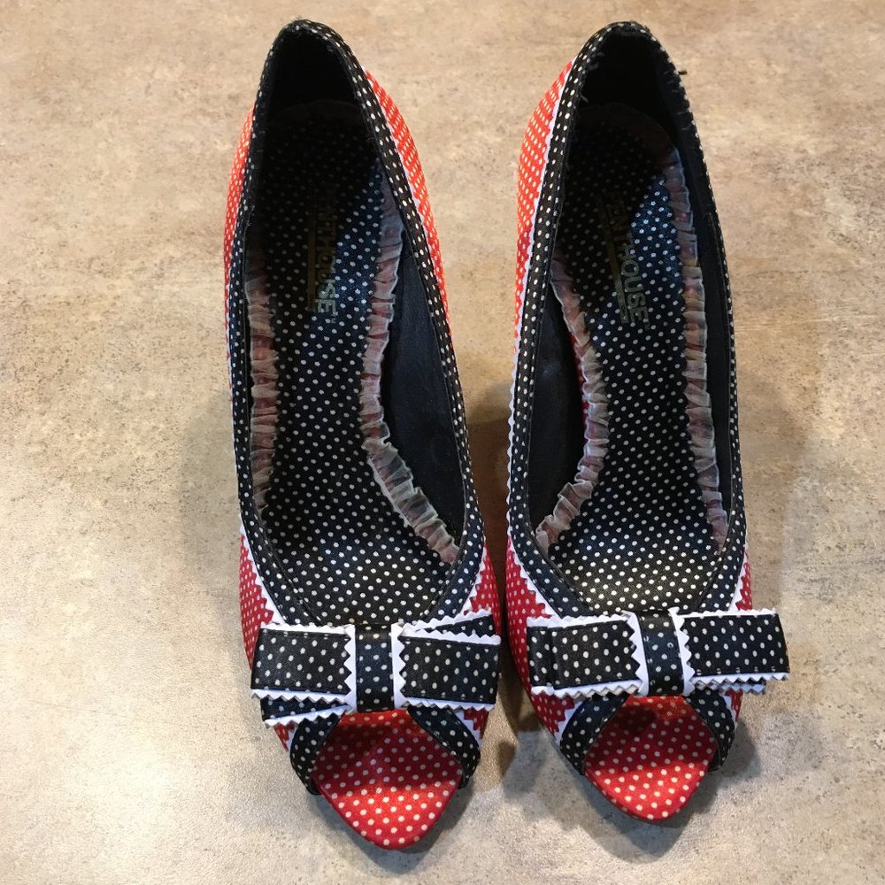 PENTHOUSE Red Polka Dot Fabric Peep Toe Charm Pump